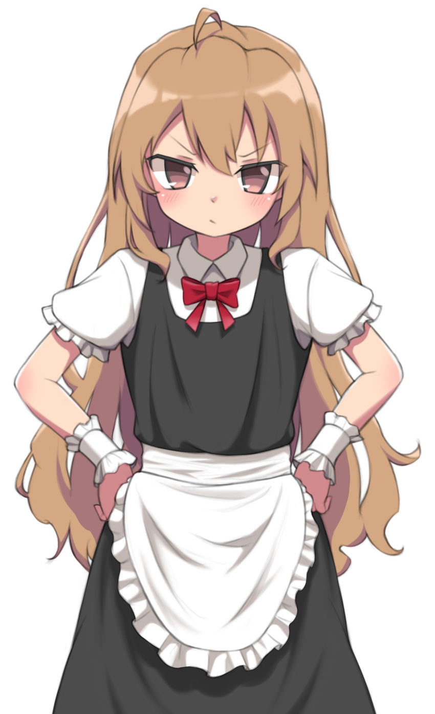 1girl absurdres ahoge aisaka_taiga alternate_costume apron bangs black_dress blush brown_eyes brown_hair closed_mouth commentary cowboy_shot dress enmaided frilled_apron frills hands_on_hips highres long_hair looking_at_viewer maid mooramango pout puffy_short_sleeves puffy_sleeves short_sleeves simple_background solo standing toradora! v-shaped_eyebrows very_long_hair waist_apron white_apron white_background