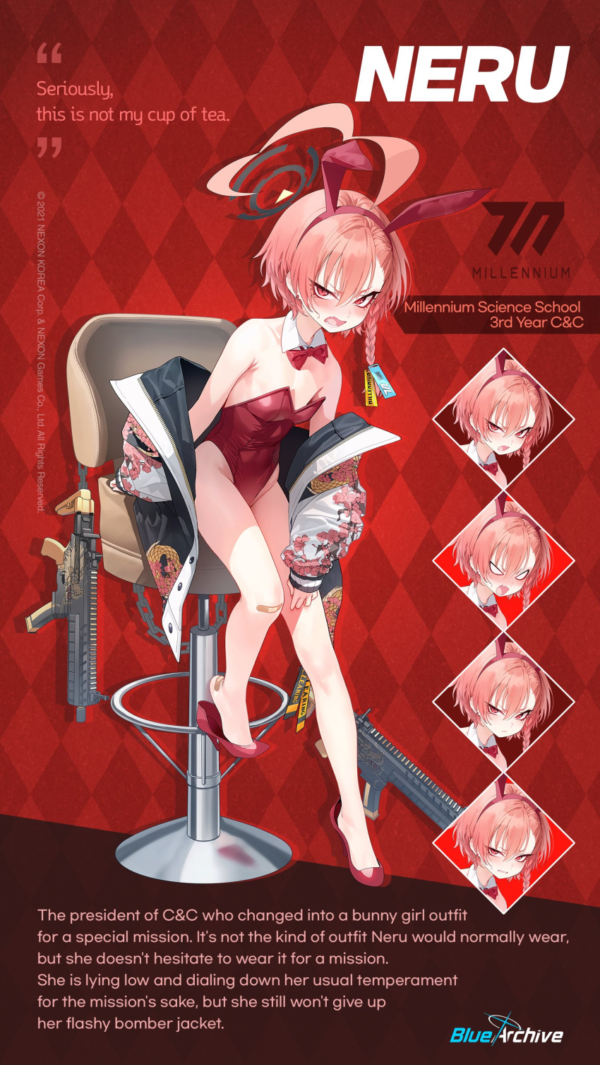 1girl absurdres ahoge animal_ears bandaid bandaid_on_knee bandaid_on_leg bangs bare_legs blue_archive blush bow bowtie braid breasts chair character_name character_sheet detached_collar emoji expressions fake_animal_ears flat_chest gun hair_between_eyes halo high_heels highres huge_ahoge jacket leotard looking_at_viewer mole mole_under_eye mx2j_(nsh6394) neru_(blue_archive) neru_(bunny)_(blue_archive) off_shoulder official_art playboy_bunny rabbit_ears red_bow red_bowtie red_eyes red_leotard short_hair side_braid sig_sauer sig_sauer_mpx small_breasts solo submachine_gun traditional_bowtie weapon