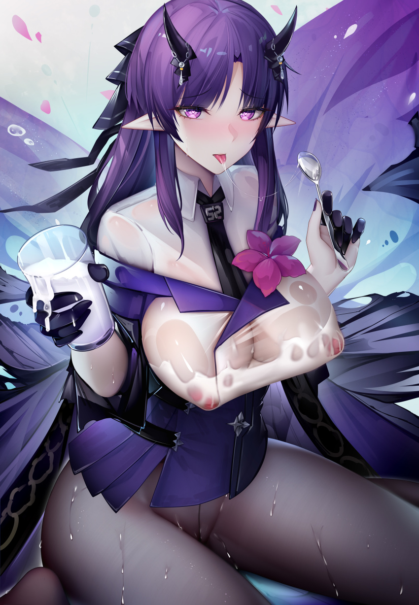 1girl :p absurdres arknights bangs binggong_asylum black_gloves black_necktie breasts chinese_commentary closed_mouth commentary_request cup eyebrows_visible_through_hair feet_out_of_frame flower gloves grey_legwear hands_up heart heart-shaped_pupils hibiscus_(arknights) hibiscus_the_purifier_(arknights) highres holding holding_cup holding_spoon horns inverted_nipples large_breasts long_hair milk necktie nipples no_humans no_panties off_shoulder pantyhose parted_lips pink_flower pointy_ears purple_eyes purple_hair purple_shirt saliva saliva_trail see-through shirt sidelocks sitting smile solo spoon symbol-shaped_pupils thighs tongue tongue_out wariza wet wet_clothes wet_shirt white_shirt