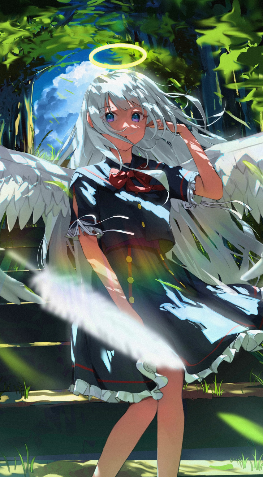 1girl :o absurdres angel_wings bangs black_sailor_collar black_serafuku black_shirt black_skirt blue_sky blurry blurry_foreground bow cloud commentary_request day depth_of_field eyebrows_visible_through_hair feathered_wings feathers feet_out_of_frame frilled_skirt frilled_sleeves frills grey_hair halo hand_up highres long_hair original outdoors parted_lips pleated_skirt purple_eyes red_bow sailor_collar school_uniform serafuku shirt short_sleeves skirt sky solo standing suzuharu_toufu very_long_hair white_feathers white_wings wings