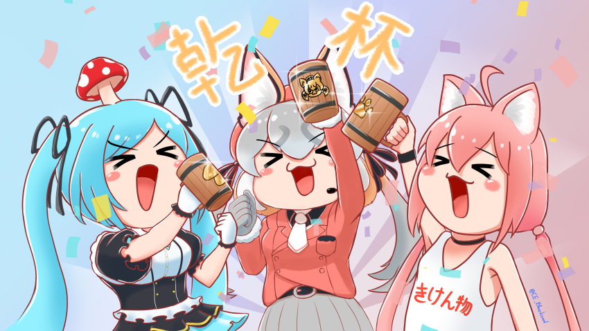 .live 3girls absurdres animal_costume animal_ear_fluff animal_ears blazer blue_hair ce_bluelizard choker commentary_request crossover dress grey_hair hat highres hinata_channel island_fox_(kemono_friends) jacket kemono_friends kemono_friends_v_project long_hair multiple_crossover multiple_girls mushroom necktie nekomiya_hinata open_mouth pink_hair ribbon shirt skirt smile twintails yamato_iori