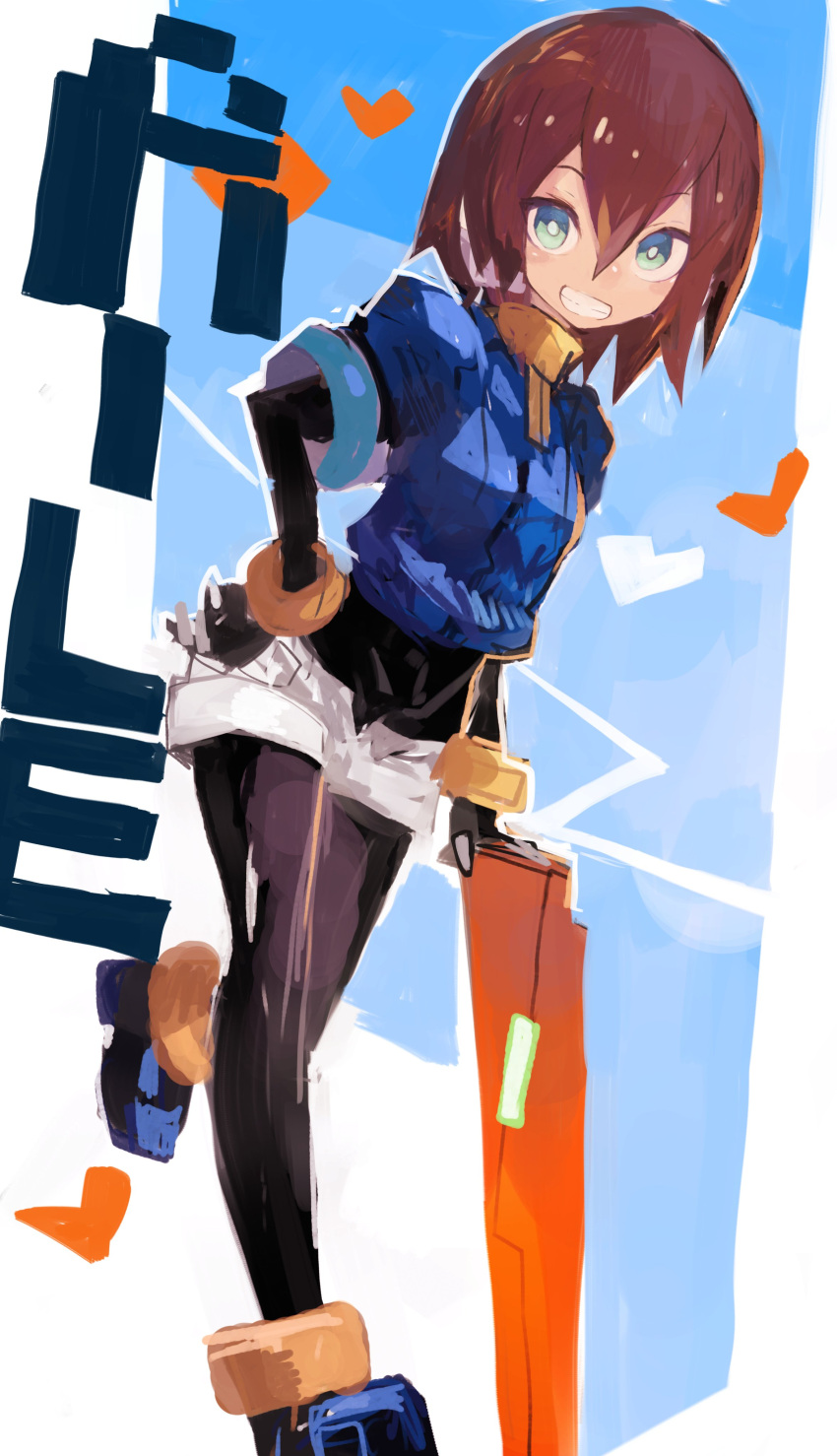 1girl absurdres aile_(mega_man_zx) blue_eyes brown_hair character_name eyebrows_visible_through_hair highres kaamin_(mariarose753) layered_sleeves long_sleeves mega_man_(series) mega_man_zx robot_ears short_hair short_over_long_sleeves short_sleeves smile solo white_background