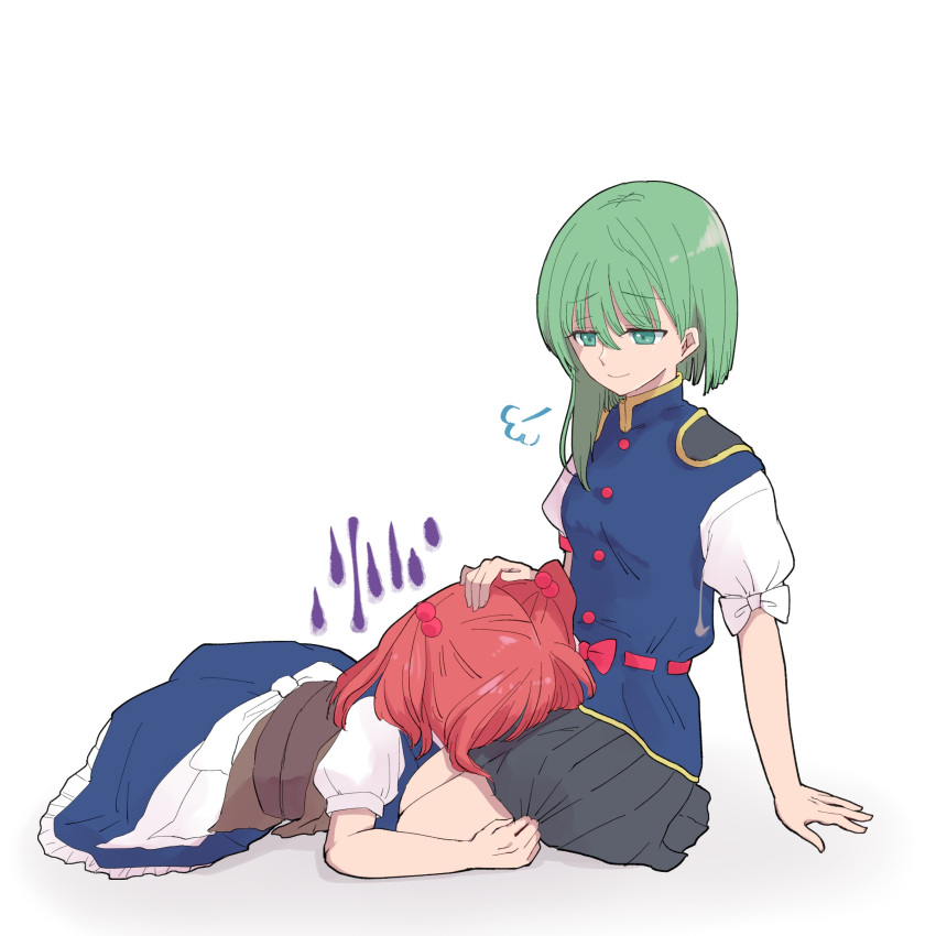 2girls absurdres bangs black_skirt blue_vest closed_mouth epaulettes eyebrows_visible_through_hair full_body green_eyes green_hair highres lap_pillow looking_at_another multiple_girls onozuka_komachi red_hair shiki_eiki short_hair short_sleeves shouko_(airen) simple_background skirt smile touhou two_side_up vest white_background