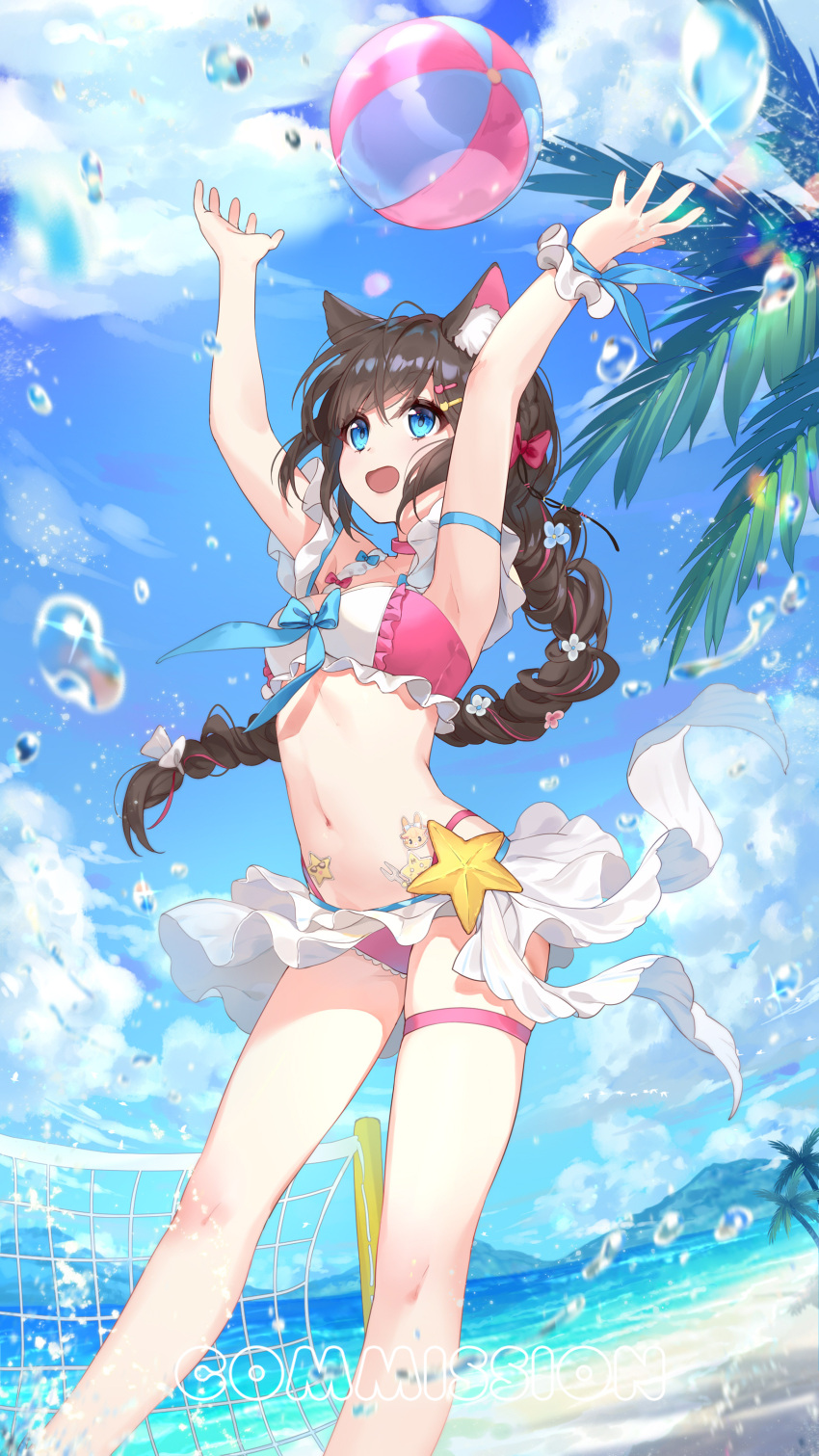 1girl :d absurdres animal_ear_fluff animal_ears arm_strap armpits arms_up bangs beach bikini bikini_skirt blue_bow blue_eyes blue_sky bow braid braided_ponytail brown_hair cloud commission copyright_request day feet_out_of_frame flower frilled_bikini frills hair_bow hair_flower hair_ornament hairclip highres long_hair looking_away outdoors palm_leaf red_bow sky smile solo standing swimsuit very_long_hair volleyball_net wrist_cuffs ziyue