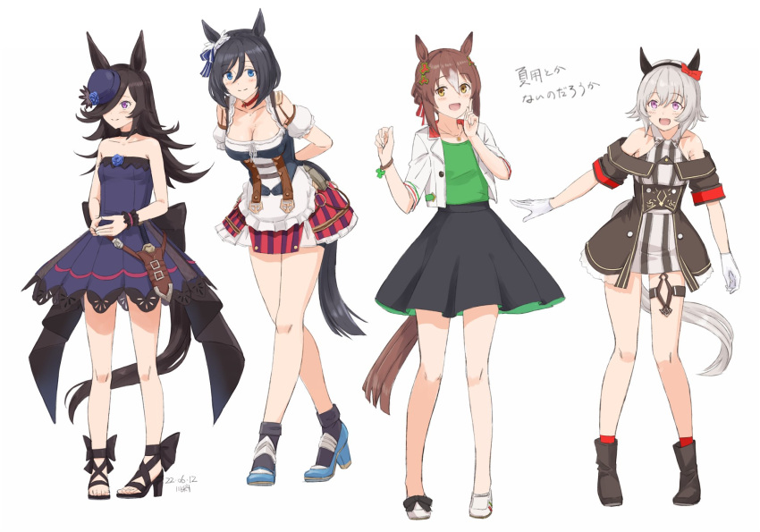 4girls adapted_costume animal_ears apron arms_behind_back asymmetrical_footwear bangs bare_shoulders black_hair black_skirt blue_dress blue_eyes blush boots breasts brown_hair cleavage clover_hair_ornament curren_chan_(umamusume) dagger dated dirndl dress eishin_flash_(umamusume) fine_motion_(umamusume) full_body german_clothes gloves green_shirt grey_hair hair_ornament hair_over_one_eye hairband hands_up high_heels highres horse_ears horse_girl horse_tail index_finger_raised jacket jewelry kawashina_(momen_silicon) knife long_sleeves looking_at_viewer medium_breasts mismatched_footwear multiple_girls necklace open_mouth own_hands_together purple_eyes rice_shower_(umamusume) sheath shirt short_hair simple_background skirt small_breasts smile standing strapless strapless_dress tail thigh_strap translation_request umamusume waist_apron weapon white_background white_gloves white_jacket white_shirt wristband