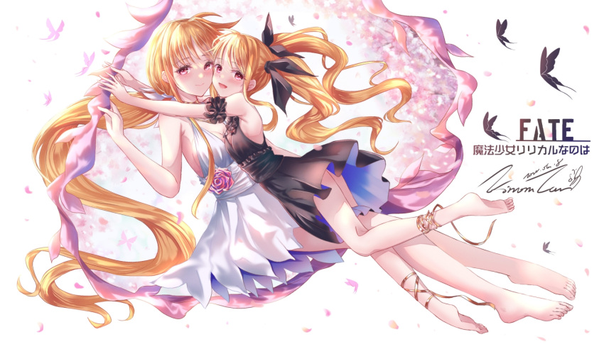 2girls :d animal anklet bare_shoulders barefoot black_dress black_ribbon blonde_hair blush breasts bug butterfly cleavage closed_mouth commentary_request copyright_name dress fate_testarossa flower hair_ribbon jewelry kinom_(sculpturesky) long_hair low_ponytail lyrical_nanoha mahou_shoujo_lyrical_nanoha medium_breasts multiple_girls outstretched_arms petals pleated_dress ponytail red_eyes red_flower red_rose ribbon rose sleeveless sleeveless_dress smile soles takamachi_nanoha translation_request very_long_hair white_background white_dress