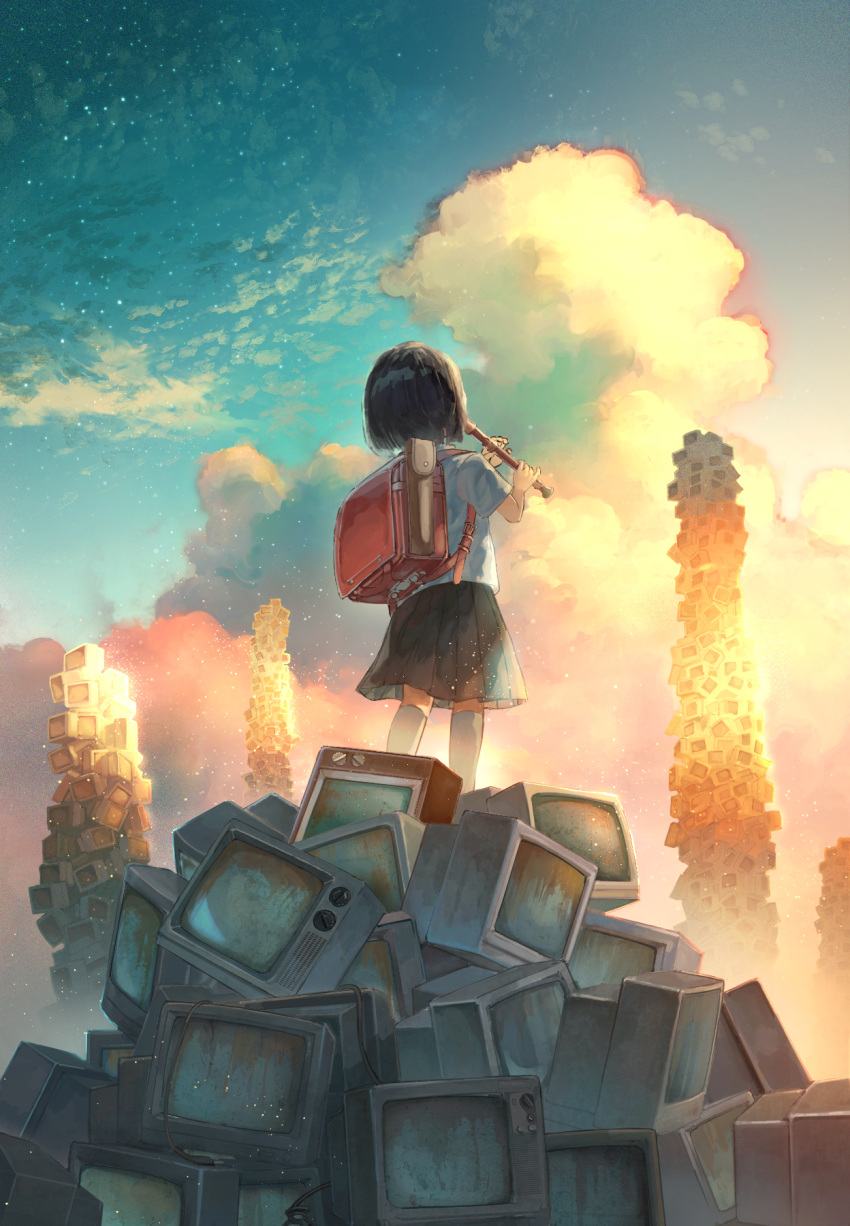 1girl backpack bag black_hair child cloud cloudy_sky collared_shirt fantasy female_child from_behind hands_up highres instrument music original outdoors playing_instrument pleated_skirt randoseru recorder rust sakura_inu_(itoyatomo) school_uniform shirt short_hair skirt sky socks solo stack star_(sky) starry_sky sunset television