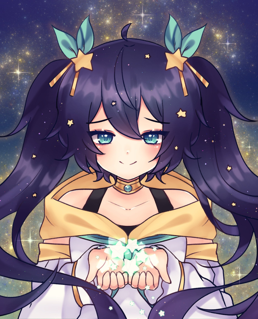 1girl aeiion collar commentary dark_blue_hair detached_sleeves english_commentary green_eyes hair_ornament hair_ribbon highres holding lilly_(riri_zuran) long_hair original ribbon sky solo star_(sky) star_(symbol) star_hair_ornament star_ornament starry_sky twintails