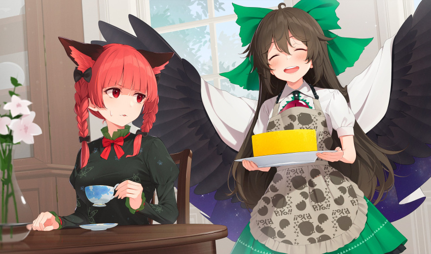 2girls ahoge animal_ears animal_print apron bangs bird_print black_bow blue_sky blush bow bowtie braid breasts brown_hair cake cat_ears chair chick_print cloak closed_eyes collared_shirt commentary_request cup curtains dress drink flower food frills gradient gradient_sky green_bow green_dress green_skirt grey_apron hair_between_eyes hair_bow hand_up hands_up highres indoors jar juliet_sleeves kaenbyou_rin kanpa_(campagne_9) leaf long_hair long_sleeves looking_at_another medium_breasts multiple_girls night night_sky open_mouth plate puffy_short_sleeves puffy_sleeves purple_sky red_bow red_bowtie red_eyes red_hair reiuji_utsuho shirt short_sleeves sitting skirt sky smile space space_print standing star_(sky) star_(symbol) star_print starry_sky starry_sky_print sweat sweatdrop table teeth third_eye tongue touhou tray tree twin_braids wall white_cloak white_flower white_shirt window wings