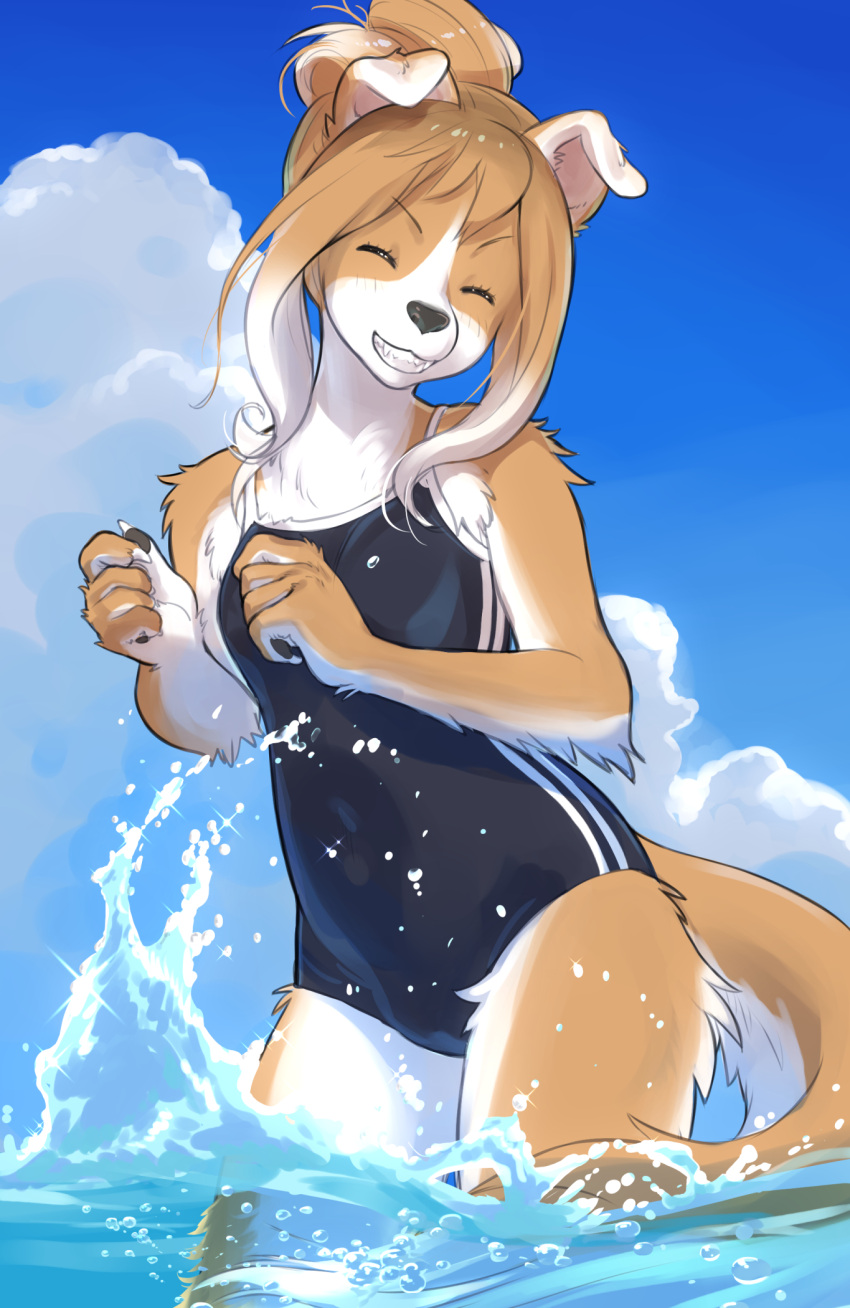 1girl animal_ears animal_nose black_bow blue_sky body_fur bow brown_fur brown_hair clenched_teeth closed_eyes cloud commentary_request covered_navel day dog_ears dog_girl dog_tail furry furry_female highres kikurage_(crayon_arts) one-piece_swimsuit original outdoors sidelocks sky smile snout solo swimsuit tail teeth thighs two-tone_fur water wet white_fur