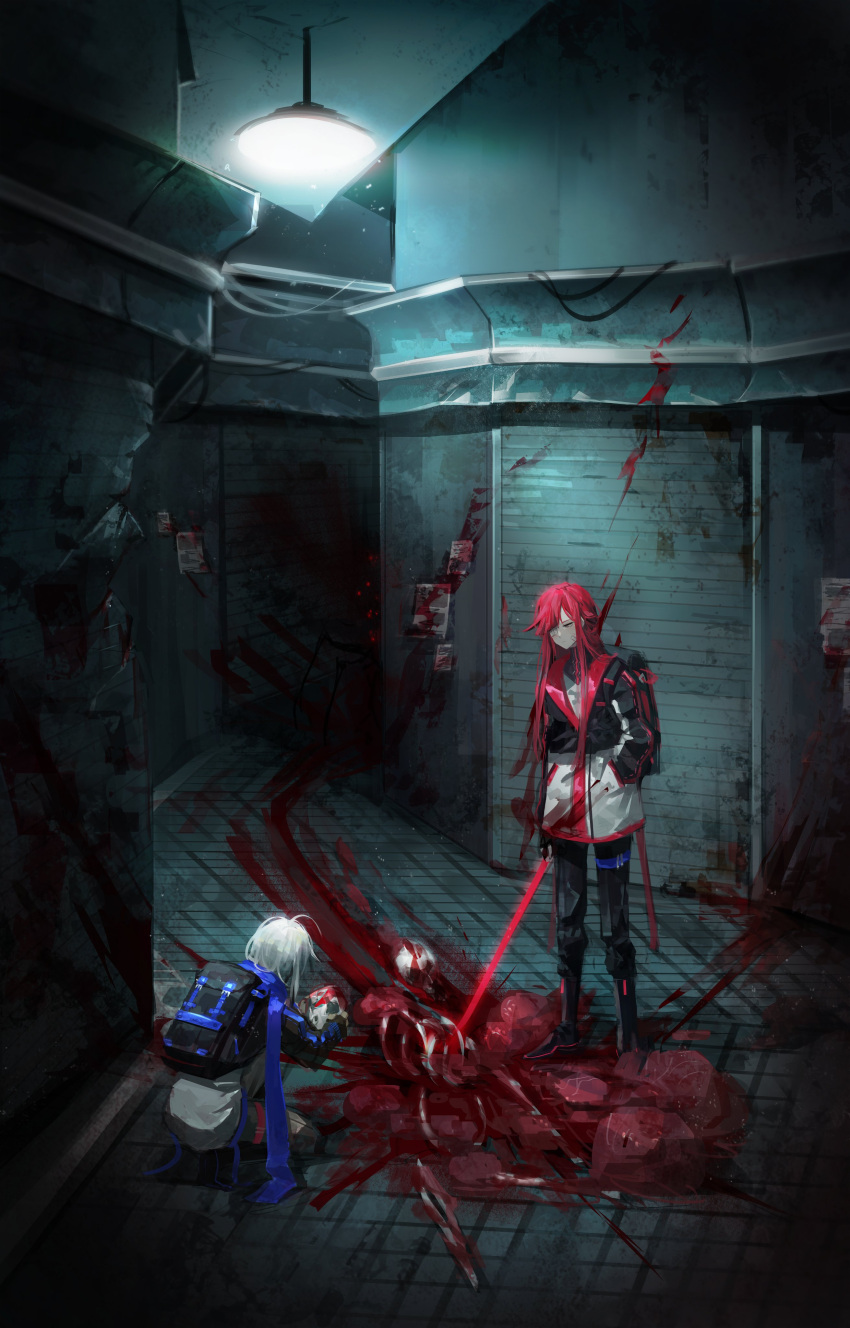 2girls absurdres backpack bag bandage_over_one_eye bandages bandaid bandaid_on_cheek bandaid_on_face black_footwear black_pants blood blood_on_wall blood_trail bone corpse guro highres limbus_company long_hair multiple_girls official_art pants project_moon red_hair short_hair white_hair