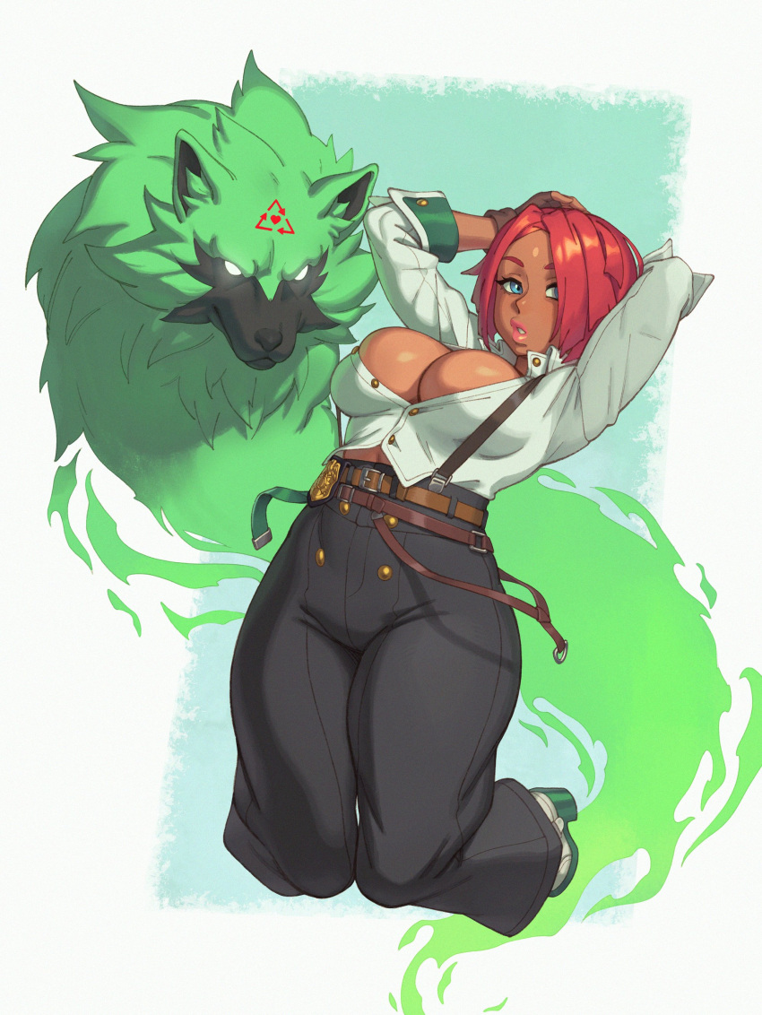 1girl absurdres arrow_(symbol) belt blue_eyes breasts bursting_breasts collared_shirt colored_shoe_soles dark-skinned_female dark_skin facial_mark forehead_mark giovanna_(guilty_gear) green_fur guilty_gear guilty_gear_strive high-waist_pants highres jumping multiple_belts no_bra partially_unbuttoned pink_lips plunging_neckline police_badge recycling_symbol red_hair rei_(guilty_gear) riz shirt short_hair sleeves_pushed_up suspenders suspenders_hanging thick_thighs thighs white_footwear wolf wrist_cuffs
