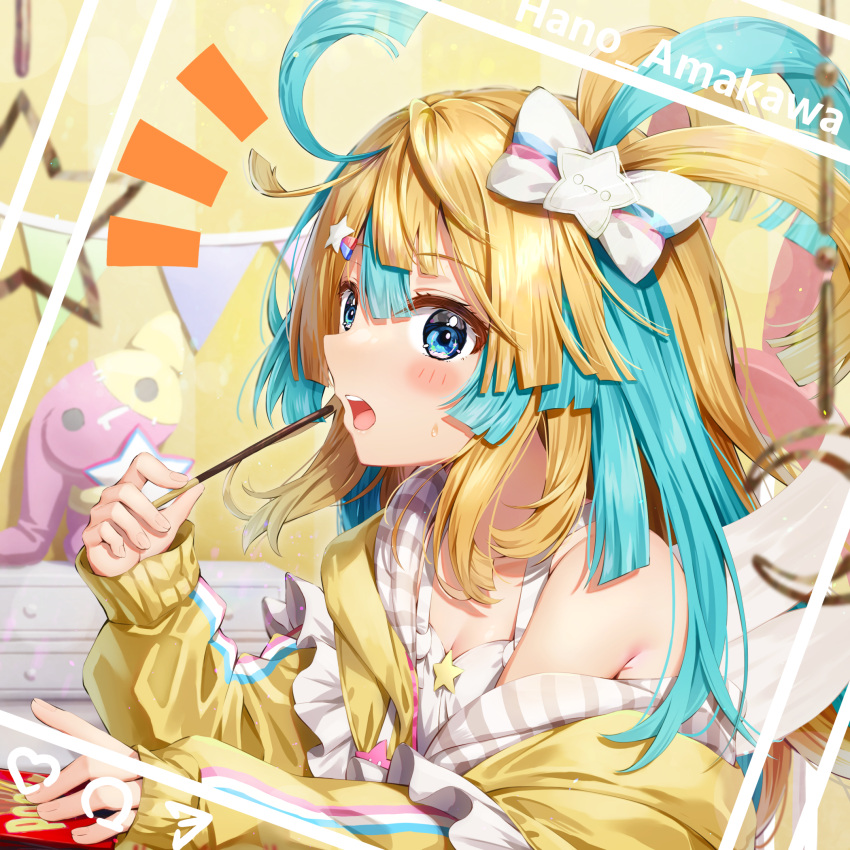 1girl amakawa_hano bangs bare_shoulders blonde_hair blue_eyes blue_hair blush bow breasts camisole character_name cleavage collarbone commentary_request eyebrows_visible_through_hair food hair_between_eyes hair_bow hair_ornament highres holding holding_food indoors instagram jacket kuria_(clear_trip_second) long_sleeves looking_at_viewer multicolored_hair notice_lines off_shoulder open_clothes open_jacket open_mouth pennant pocky puffy_long_sleeves puffy_sleeves re:act sleeves_past_wrists small_breasts solo star_(symbol) star_hair_ornament string_of_flags stuffed_animal stuffed_bunny stuffed_cat stuffed_toy sweat teeth two-tone_hair upper_teeth virtual_youtuber white_bow white_camisole yellow_jacket