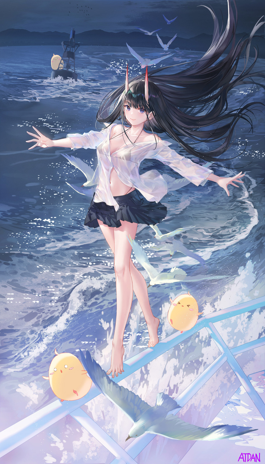 1girl absurdres animal atdan azur_lane bare_legs bare_shoulders barefoot beach bikini bikini_under_clothes bird black_bikini black_hair black_skirt breasts buoy chick closed_mouth collarbone feet floating_hair full_body halter_top halterneck highres horns legs long_hair long_sleeves looking_at_viewer manjuu_(azur_lane) medium_breasts miniskirt navel night noshiro_(azur_lane) off_shoulder oni_horns outdoors outstretched_arms pleated_skirt purple_eyes revision seagull see-through shirt skirt smile solo spread_toes standing stomach strap_gap string_bikini swimsuit thighs tiptoes toes very_long_hair white_shirt