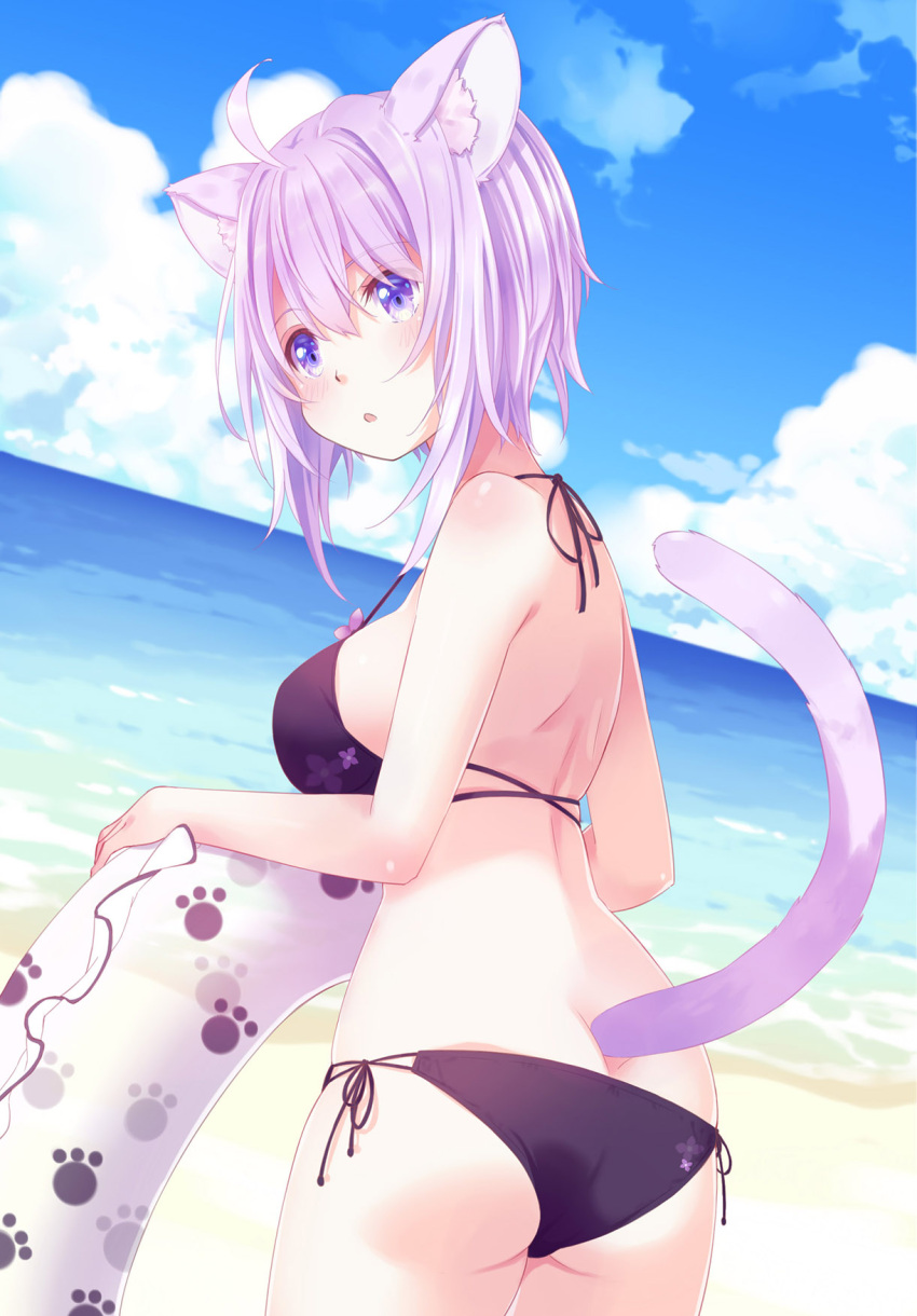 1girl 54hao ahoge animal_ears ass bangs bare_arms bare_shoulders bikini black_bikini blue_sky blush breasts cat_ears cat_girl cat_tail cloud cowboy_shot day eyebrows_visible_through_hair frilled_innertube from_behind hair_between_eyes halterneck highres hololive horizon innertube looking_away looking_to_the_side medium_breasts nekomata_okayu ocean outdoors parted_lips paw_print purple_eyes purple_hair side-tie_bikini sky solo string_bikini swimsuit tail virtual_youtuber water