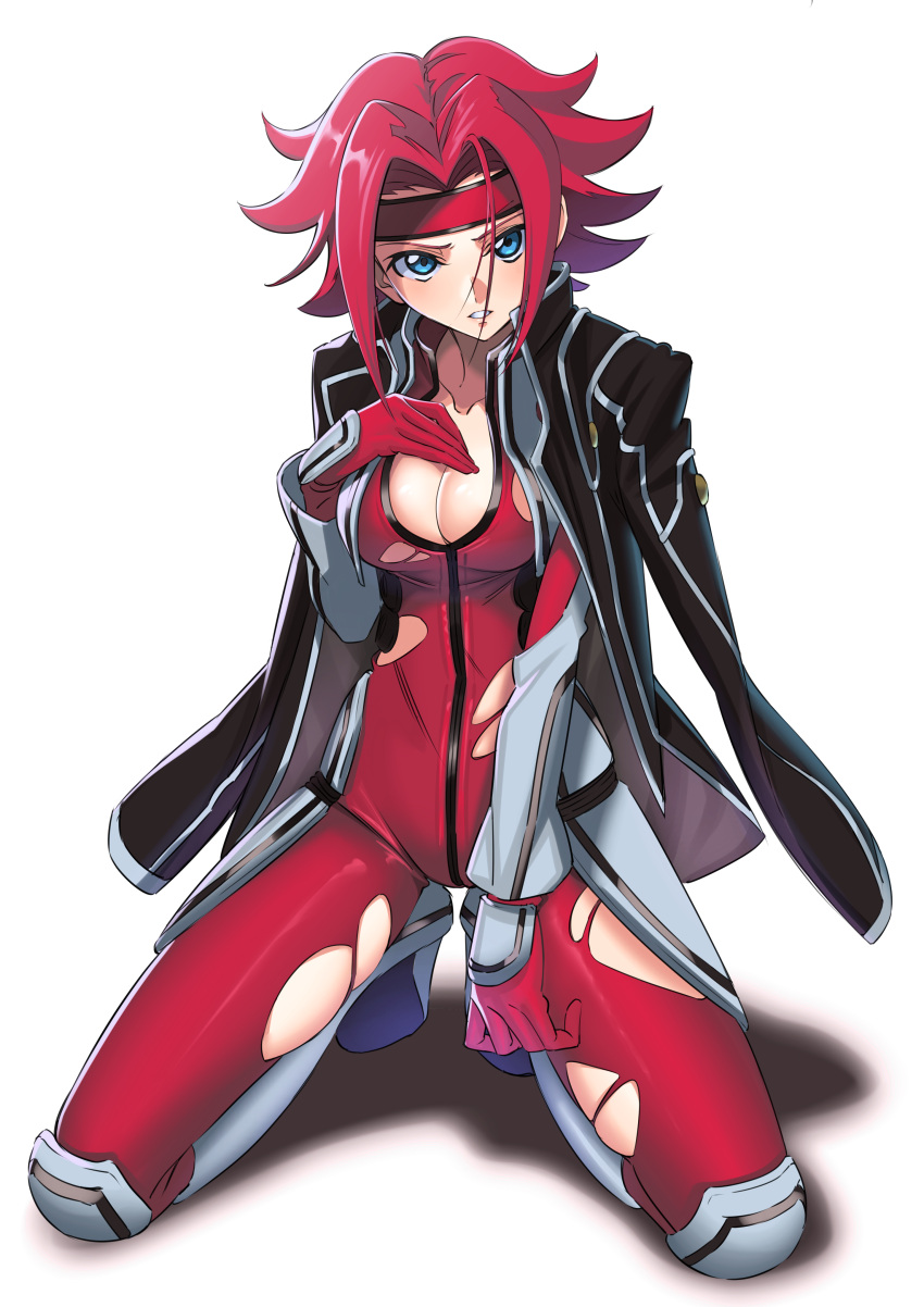 1girl absurdres blue_eyes bodysuit breasts cleavage code_geass collarbone commentary hand_on_own_chest headband highres jacket jacket_on_shoulders kallen_stadtfeld kneeling kujuu_shikuro large_breasts order_of_the_black_knights_uniform pink_hair red_hair simple_background torn_clothes uniform white_background zipper