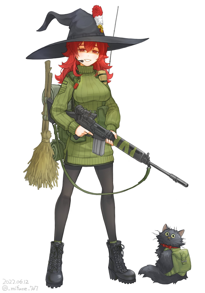 1girl artist_name assault_rifle backpack bag battle_rifle bedroll belt belt_pouch black_cat black_headwear black_legwear boots breasts british british_army broom cat combat_boots commentary_request dated fn_fal green_legwear green_sweater gun hat hat_ornament headset highres holding holding_gun holding_weapon insignia large_breasts microphone mifune_(_mifune_707) military military_uniform mre muzzle_brake name_tag open_mouth original pantyhose pouch radio radio_antenna red_eyes red_hair red_ribbon ribbon rifle scope socks standing sweater trigger_discipline turtleneck turtleneck_sweater twitter_username uniform weapon white_background witch witch_hat