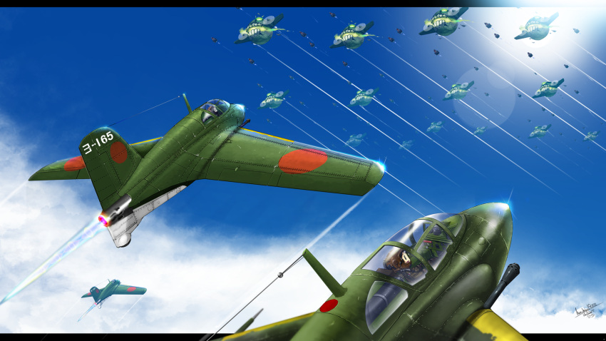 2girls abyssal_ship aircraft airplane blue_sky cloud day enemy_aircraft_(kancolle) fairy_(kancolle) harumiya_hiro highres j8m_shuusui kantai_collection multiple_girls outdoors pilot_helmet propeller roundel sky solid_oval_eyes vehicle_focus
