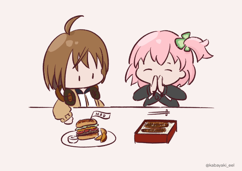 2girls ^_^ ahoge assault_lily bangs brown_cardigan brown_hair burger cardigan chibi chopstick_rest chopsticks closed_eyes clover_hair_ornament commentary cropped_jacket facing_viewer food four-leaf_clover_hair_ornament grey_background hair_ornament hand_on_table hand_up hands_up happy_birthday headphones headphones_around_neck highres hitotsuyanagi_riri kabayaki kabayaki_(kabayaki_eel) kawamura_yuzuriha long_sleeves looking_at_food mini_flag multiple_girls no_mouth one_side_up open_cardigan open_clothes own_hands_together palms_together pink_hair plate school_uniform shirt short_hair simple_background solid_oval_eyes table twitter_username unadon_(food) upper_body white_shirt yurigaoka_girls_academy_school_uniform