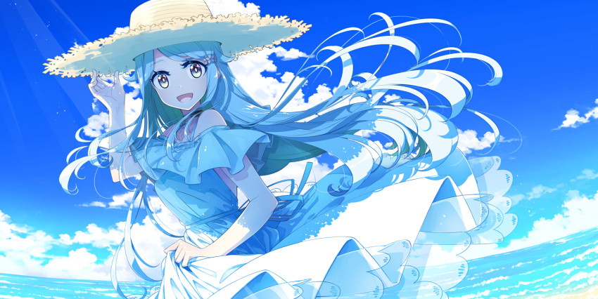 1girl adjusting_clothes adjusting_headwear arm_up bangs blue_background blue_hair blue_sky breasts cloud commentary commission day dress flipped_hair hair_ornament hairclip happy hat highres imouto_sae_ireba_ii kani_nayuta long_hair looking_at_viewer medium_breasts ocean off-shoulder_dress off_shoulder open_mouth outdoors sakuraba_yuuki sidelocks skeb_commission skirt_hold sky smile solo straw_hat summer sun_hat sunlight two-tone_background upper_body water white_background white_dress yellow_eyes