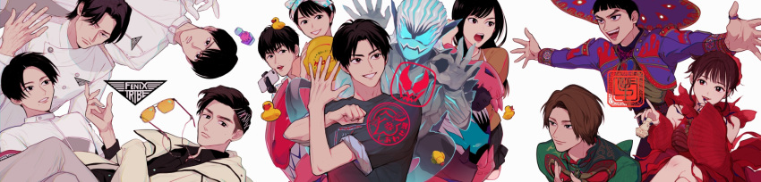 3girls 6+boys aguilera_(kamen_rider_revice) animal_hood back-to-back belt black_hair bow_hairband brother_and_sister brown_hair cellphone clothing_cutout coat commentary_request demon demon_boy evil evil_grin evil_smile family father_and_daughter father_and_son fenix_uniform from_side glasses gloves green_eyes green_jacket grin hair_slicked_back hairband hand_on_another's_shoulder happy_spa hat henshin_pose highres hood husband_and_wife igarashi_daiji igarashi_genta igarashi_ikki igarashi_sakura igarashi_yukimi ink_stamp jacket jewelry julio_(kamen_rider_revice) kadota_hiromi kamen_rider kamen_rider_revi kamen_rider_revice kamen_rider_vice karizaki_george labcoat long_hair male_focus mask mexican_clothes military military_uniform mother_and_daughter mother_and_son mouth_mask multiple_boys multiple_girls necktie ok_sign olteca_(kamen_rider_revice) open_hand outstretched_arms phone pose profile purple_eyes purple_jacket red_eyes rex_genome ring rubber_duck scientist selfie_stick short_hair shoulder_cutout siblings sleeves_rolled_up smartphone smile sombrero spirit spread_arms stamp_mark sunglasses tinted_eyewear tokusatsu tyrannosaurus_rex uniform upper_body vice_(kamen_rider_revice) villain_pose vistamp volleyball wakabayashi_yujiro weapon white_background white_coat white_gloves white_hair wide_image zo_ochi2