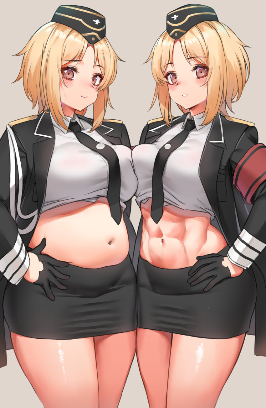 2girls abs absurdres armband blonde_hair blush breast_press crop_top dual_persona girls'_frontline gloves hat highres military military_hat military_uniform mp40_(girls'_frontline) multiple_girls navel necktie orange_eyes plump skirt stomach toryu_fufu uniform