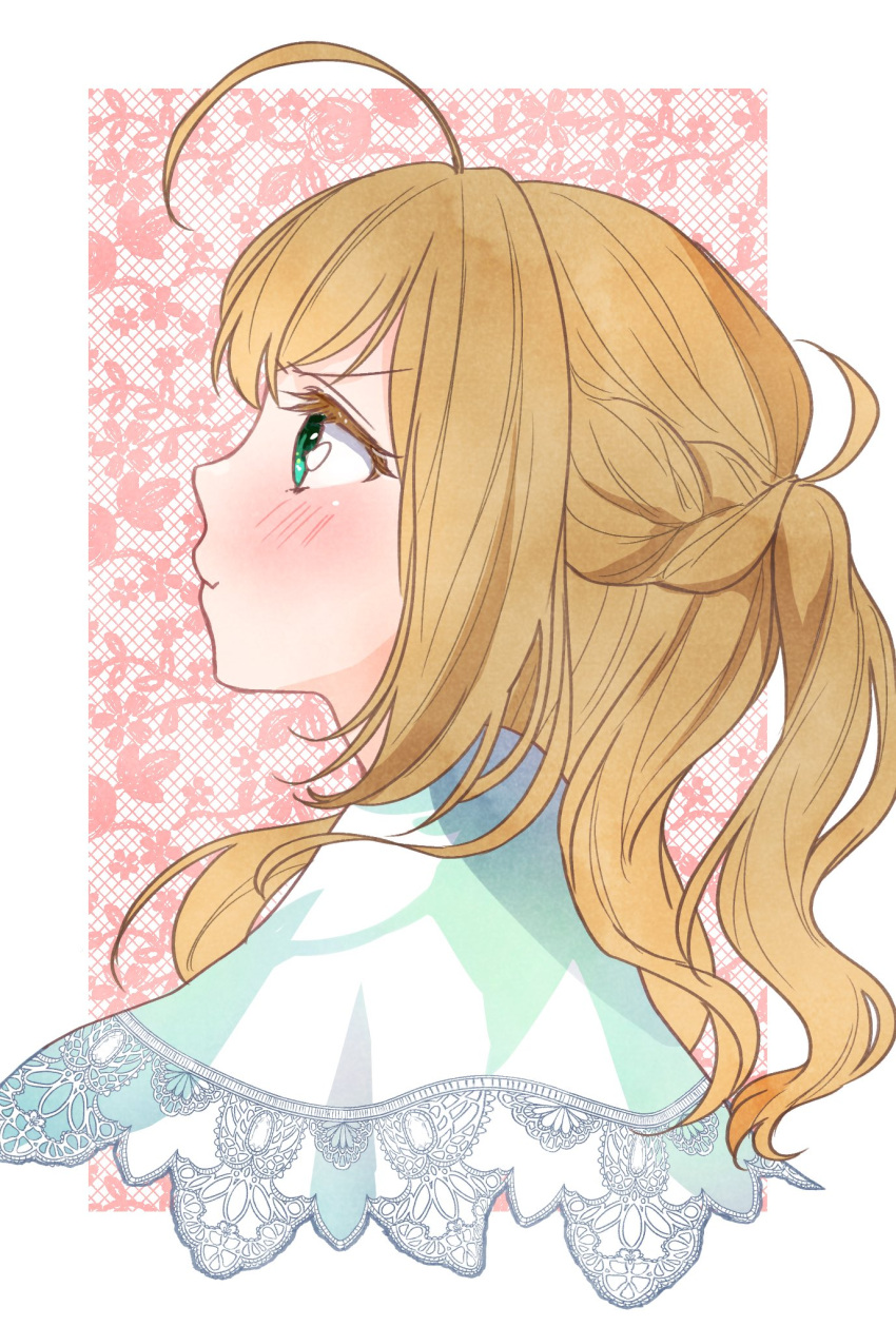 1girl ahoge blonde_hair blush braid capelet cropped_torso floral_background french_braid green_eyes highres idolmaster idolmaster_cinderella_girls lace-trimmed_capelet lace_trim looking_afar looking_up pout profile sato_shin solo uika310p wavy_hair white_capelet
