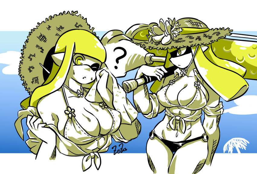 1girl ;o ? abs artist_name bangs bikini blonde_hair blunt_bangs blunt_ends breasts cleavage closed_mouth clothes_pull cropped_torso dynamo_roller_(splatoon) flower frightening_(zoza) front-tie_top frown halterneck hat hat_around_neck hat_flower holding holding_towel holding_weapon large_breasts long_hair looking_to_the_side mismatched_bikini multiple_views muscular muscular_female o-ring o-ring_bikini one_eye_closed open_mouth original partially_colored pointy_ears pulled_by_self ringed_eyes shirt_pull short_sleeves signature splatoon_(series) straw_hat sun_hat swimsuit symbol-only_commentary tentacle_hair thigh_gap towel weapon wiping_sweat yellow_eyes zoza