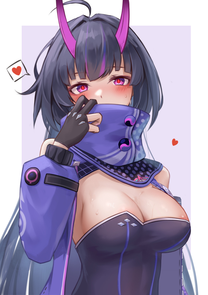 1girl ahoge areola_slip bare_shoulders black_gloves black_hair blush breasts chinese_commentary cleavage commentary_request gloves hair_intakes hand_up heart high_collar highres honkai_(series) honkai_impact_3rd horns jacket large_breasts long_hair long_sleeves looking_at_viewer open_clothes open_jacket purple_eyes purple_jacket raiden_mei raiden_mei_(herrscher_of_thunder) solo spoken_heart strapless upper_body very_long_hair yelan_xing_xuan
