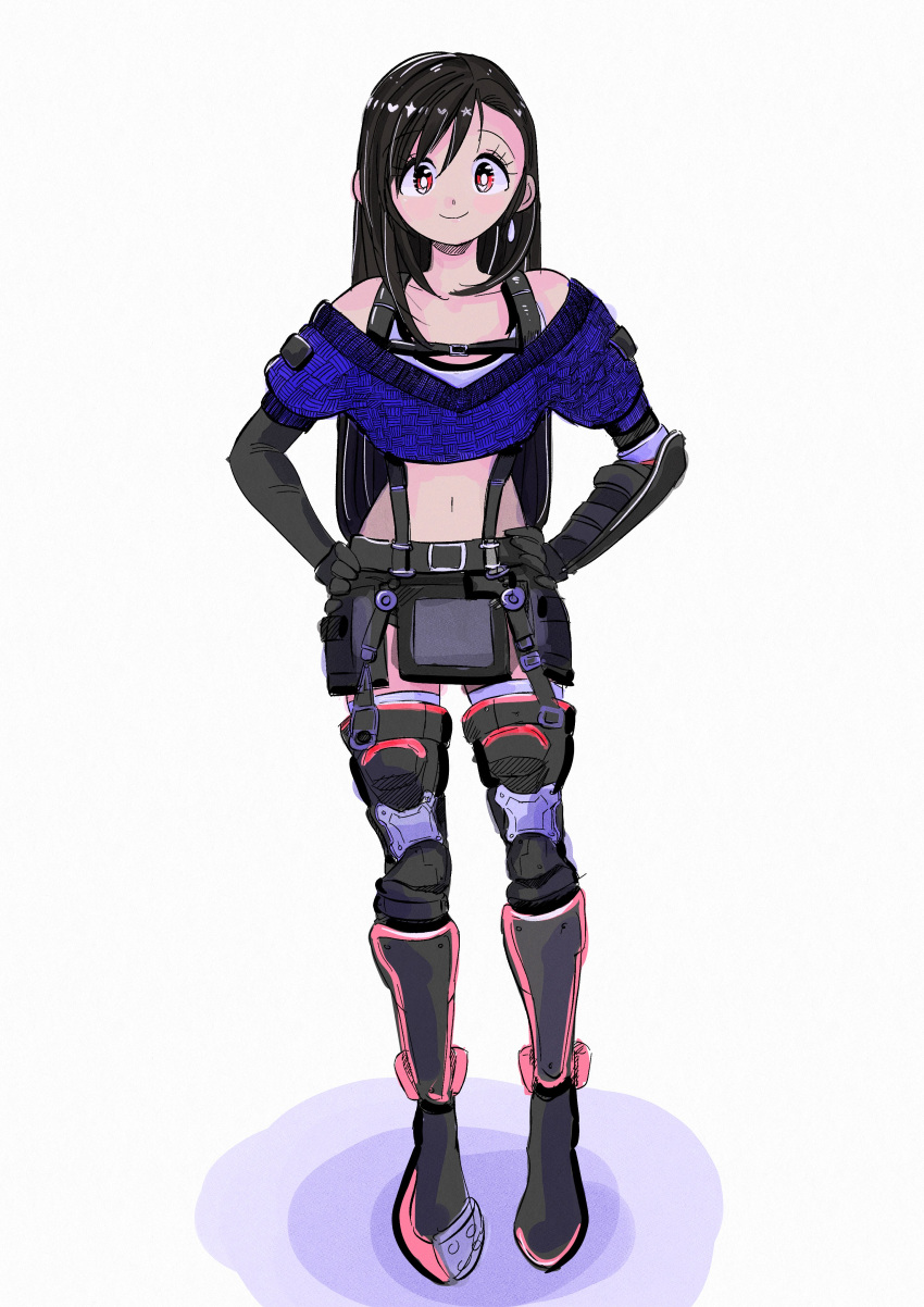 1girl absurdres bare_shoulders belt black_hair black_skirt blue_sweater boots crop_top detached_sleeves earrings final_fantasy final_fantasy_vii final_fantasy_vii_ever_crisis full_body hands_on_hips highres hugo_artist jewelry leg_armor long_hair looking_at_viewer midriff navel off-shoulder_sweater off_shoulder official_alternate_costume red_eyes skirt smile solo suspender_skirt suspenders suspenders_under_shirt sweater tank_top thigh_boots tifa_lockhart