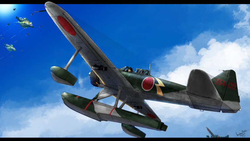 1girl a6m2-n abyssal_ship aircraft airplane blue_sky bomb cloud day enemy_aircraft_(kancolle) fairy_(kancolle) harumiya_hiro highres kantai_collection outdoors pilot_helmet propeller roundel seaplane sky solid_oval_eyes solo vehicle_focus