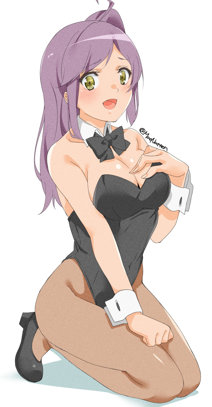 absurdres ahoge black_bow black_bowtie black_leotard bow bowtie breasts brown_legwear cleavage detached_collar full_body hagikaze_(kancolle) highres kantai_collection kneeling leotard long_hair maonatten medium_breasts nontraditional_playboy_bunny one-hour_drawing_challenge one_side_up pantyhose purple_hair simple_background strapless strapless_leotard twitter_username white_background wrist_cuffs yellow_eyes