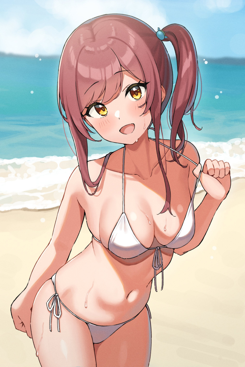 absurdres beach bikini blush breasts brown_hair cleavage cloud cloudy_sky collarbone commentary_request cowboy_shot eyebrows_visible_through_hair hair_between_eyes highres idolmaster idolmaster_shiny_colors light_particles long_hair looking_at_viewer medium_breasts navel ocean open_mouth osaki_amana outdoors side-tie_bikini side_ponytail sky smile strap_pull swimsuit wanimaru white_bikini yellow_eyes