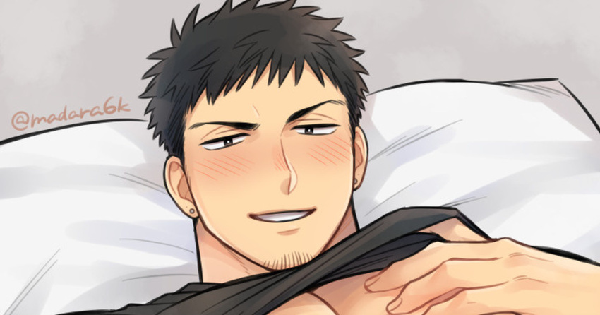 1boy bad_link bara black_hair black_shirt blush brown_eyes close-up clothes_lift cropped ear_piercing face facial_hair frown goatee lifted_by_self madara6k male_focus muscular muscular_male on_bed original paid_reward_available piercing pillow shirt shirt_lift short_hair sideburns smile solo underpec