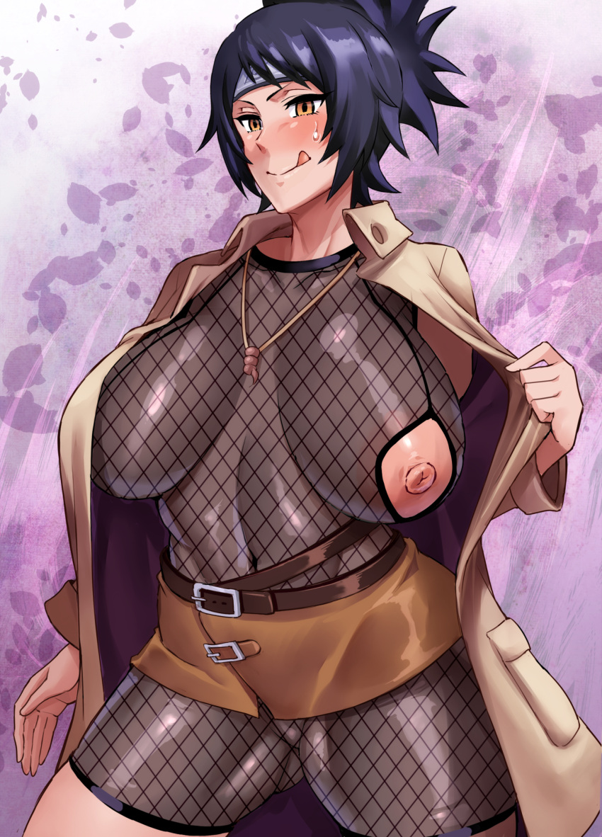 1girl bangs belt blue_hair blush bodysuit breasts brown_coat coat covered_navel cowboy_shot fishnet_bodysuit fishnets forehead_protector haikawa_hemlen hand_up high_ponytail highres huge_breasts jewelry konohagakure_symbol large_areolae licking_lips looking_at_viewer microskirt mitarashi_anko naruto naruto_(series) naughty_face necklace ninja nipple_cutout open_clothes open_coat orange_eyes see-through shiny shiny_clothes shiny_hair skirt solo swept_bangs thighs tongue tongue_out