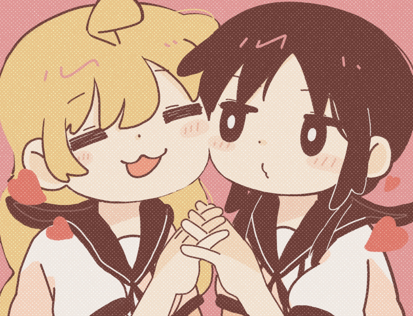 2girls :3 =_= bangs black_hair blonde_hair blush cheek-to-cheek chito_(shoujo_shuumatsu_ryokou) closed_eyes heads_together heart highres hishimatope holding_hands interlocked_fingers long_hair low_twintails multiple_girls open_mouth pink_background shoujo_shuumatsu_ryokou smile twintails yuri yuuri_(shoujo_shuumatsu_ryokou)