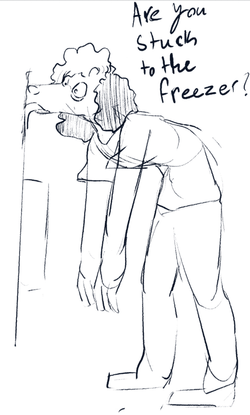 adondis anthro blush canid canine canis clothed clothing digital_media_(artwork) domestic_dog floppy_ears freezer fur hair hi_res licking male mammal poodle russell_(adondis) solo stuck text tongue tongue_out wall