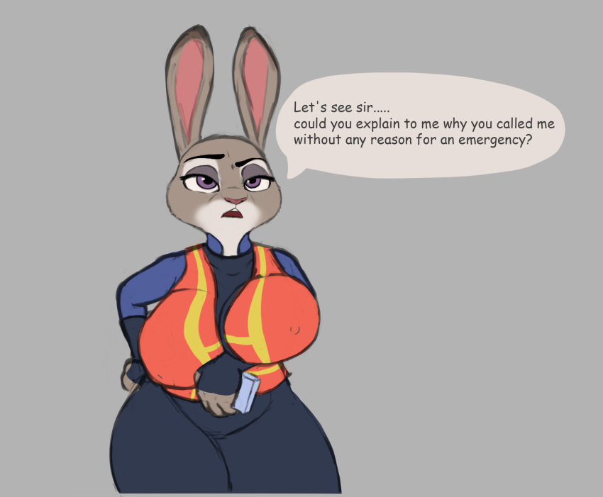 anthro big_breasts breasts clothed clothing disney english_text female fur grey_background grey_body grey_fur hi_res huge_breasts judy_hopps lagomorph leporid mammal mr_dark_and nipple_outline rabbit simple_background text zootopia