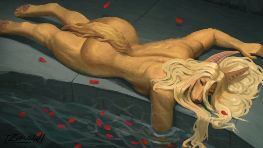 16:9 anthro back_muscles bath bathhouse big_butt blonde_hair breasts butt canid canine canis ear_piercing eyes_closed female floor fur glistening glistening_hair hair hi_res industrial_piercing jackal long_hair lying mammal on_front pawpads petals piercing pink_nose side_boob sleeping solo stone_floor water wet wet_body wet_fur wide_hips widescreen yellow_body zilla_(airlea) zimabel