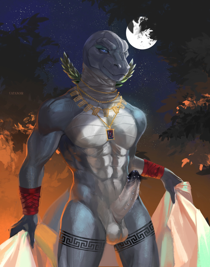 absurd_res anthro balls black_glans black_mamba blue_eyes drapery egyptian elapid_(snake) erection foreskin front_view gem genital_piercing genitals glans glans_piercing gold_(metal) greek grey_body hellenistic hi_res humanoid_genitalia humanoid_penis jewelry laurel_wreath leg_tattoo light looking_at_viewer male mamba meander moon moonlight night nude penis penis_piercing pharaoh piercing plant ptolemy_xii rednoir_(artist) reptile royalty scalie snake solo standing star stud_piercing tattoo tree uatanoir uncut_penis vein veiny_penis wrappings