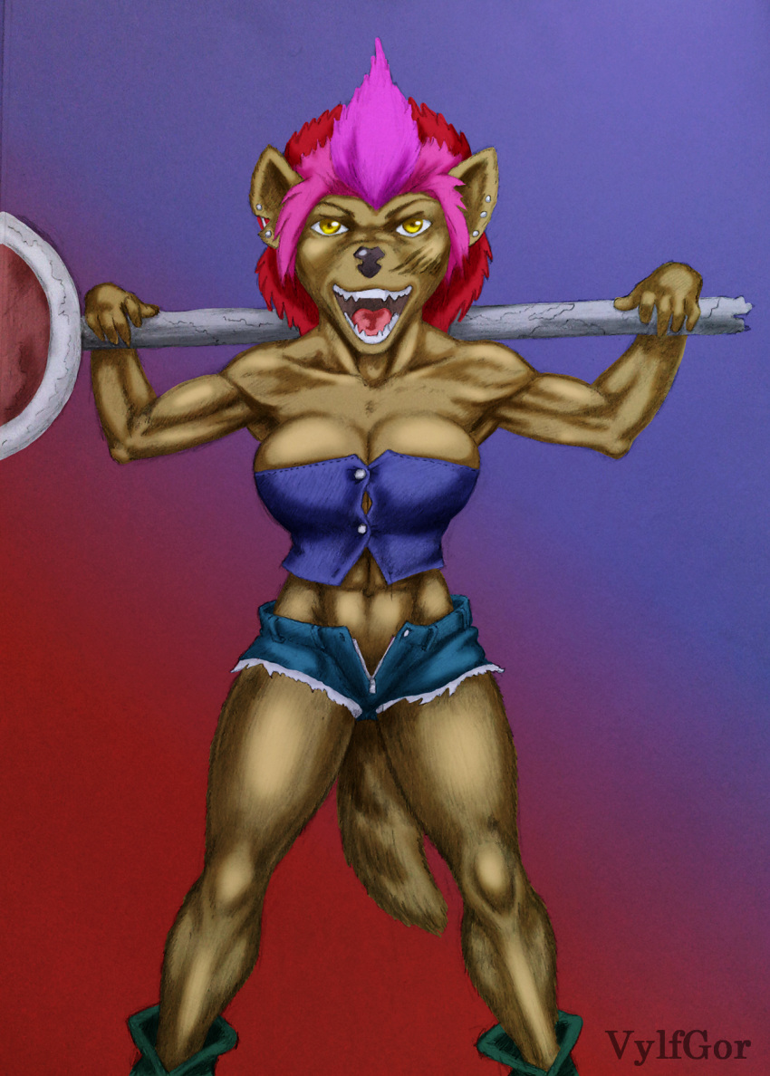 2022 anthro boots bottomwear breasts clothed clothing digital_media_(artwork) ear_piercing female fingers footwear fur hair hi_res humanoid hyaenid mammal multicolored_hair muscular muscular_anthro muscular_female piercing purple_hair road_sign scar shorts simple_background smile solo striped_hyena vylfgor yellow_body yellow_eyes