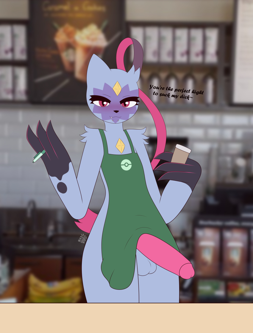 absurd_res anthro apron apron_lift apron_only blush clothed clothing clothing_lift coffee_cup container court cup erection erection_under_clothing girly hi_res looking_at_viewer male max_draws mostly_nude nintendo pok&eacute;mon pok&eacute;mon_(species) smile smiling_at_viewer sneasler solo standing starbucks text video_games