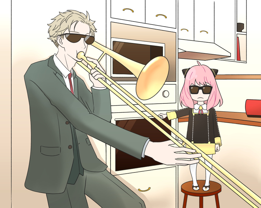 1boy 1girl absurdres ahoge anya_(spy_x_family) black-framed_eyewear child coat commentary_request eden_academy_uniform hairpods highres instrument meme microwave music open_clothes open_coat oven pink_hair playing_instrument sheep_126 short_hair spy_x_family sunglasses trombone twilight_(spy_x_family) when_mama_isn't_home_(meme)
