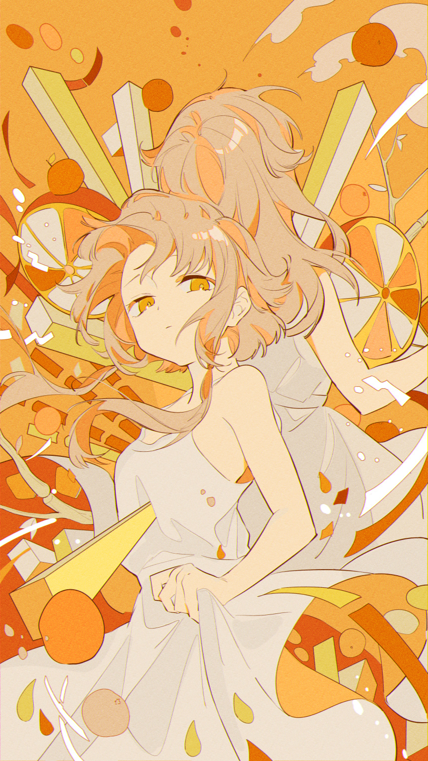 2girls absurdres back-to-back cevio chromatic_aberration citrus_(vocaloid) closed_mouth dress floating_hair food from_below fruit highres ia_(vocaloid) leaf light_brown_hair long_hair multiple_girls omutatsu one_(cevio) orange_(fruit) orange_background orange_eyes orange_slice orange_theme short_hair skirt_hold sundress two-sided_dress two-sided_fabric vocaloid white_dress