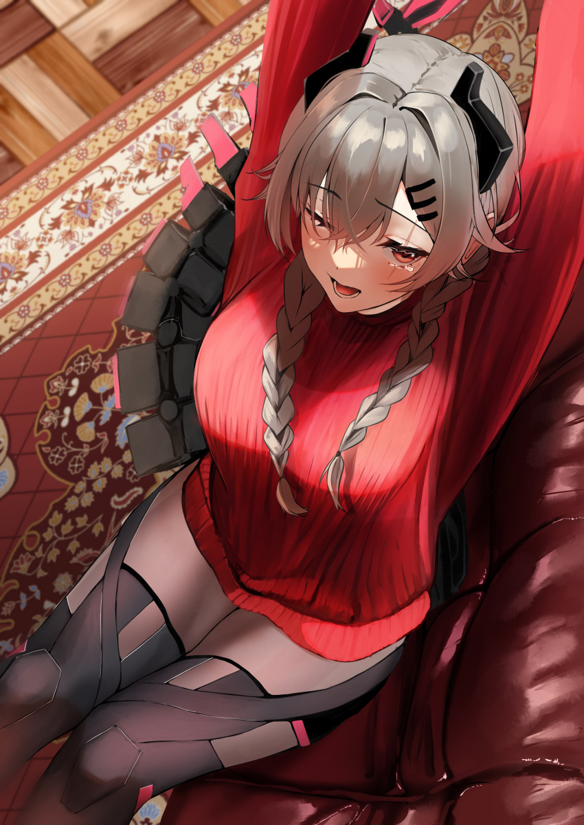 1girl absurdres arms_up braid breasts brown_eyes carpet eyebrows_visible_through_hair grey_hair hair_between_eyes highres indie_virtual_youtuber long_hair looking_at_viewer one_eye_closed open_mouth oreazu saruei_(vtuber) scar scar_across_eye sitting solo stretch sweater teeth tongue twin_braids virtual_youtuber yawning