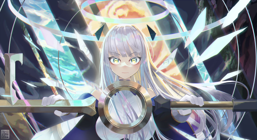 1girl absurdres bangs breasts closed_mouth commentary english_commentary eyebrows_visible_through_hair gloves grey_hair halo highres holding large_breasts long_hair long_sleeves looking_at_viewer natori_youkai original shirt solo upper_body white_gloves white_shirt yellow_eyes
