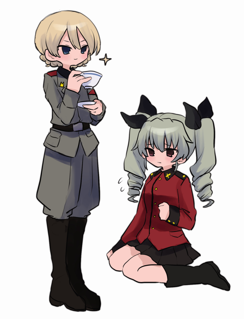 2girls anchovy_(girls_und_panzer) anchovy_(girls_und_panzer)_(cosplay) anzio_military_uniform belt black_footwear black_ribbon black_skirt blonde_hair blue_eyes boots braid brown_eyes clenched_hand cosplay costume_switch cup darjeeling_(girls_und_panzer) darjeeling_(girls_und_panzer)_(cosplay) drill_hair epaulettes flying_sweatdrops girls_und_panzer green_hair grey_pants hair_ribbon highres holding holding_cup holding_saucer jacket knee_boots long_hair long_sleeves miniskirt multiple_girls pants pleated_skirt red_jacket ri_(qrcode) ribbon sam_browne_belt saucer seiza short_hair simple_background sitting skirt sparkle st._gloriana's_military_uniform standing teacup twin_braids twin_drills twintails white_background