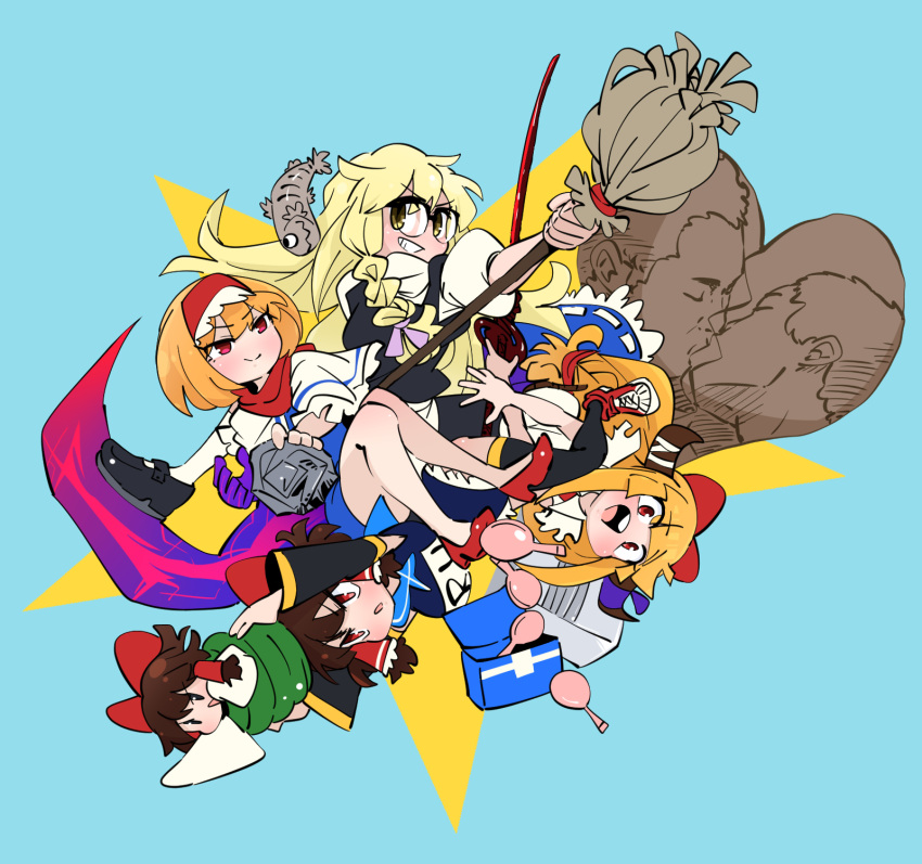 5girls alice_margatroid bangs black_sleeves black_vest blonde_hair blue_background blue_dress blue_skirt blue_swimsuit blush bois_de_justice bow braid broom brown_hair brown_horns candy capelet chocolate closed_mouth cookie_(touhou) cup detached_sleeves dies_irae dress enema eyebrows_visible_through_hair fish food frilled_hair_tubes frills full_body gram_9 grin hair_bow hair_tubes hairband hakurei_reimu heart heart-shaped_chocolate highres hinase_(cookie) holding holding_broom holding_rock holding_sword holding_weapon horns ibuki_suika katana kirisame_marisa kiss long_hair looking_at_viewer manatsu_no_yo_no_inmu minigirl multiple_girls open_mouth orange_hair pink_bow puffy_short_sleeves puffy_sleeves red_bow red_eyes red_footwear red_scarf reu_(cookie) rock sakenomi_(cookie) scarf school_swimsuit shinza_bansho_series shirt shoes short_hair short_sleeves side_braid simple_background single_braid skirt smile star_(symbol) swimsuit sword toono_(coat) touhou uzuki_(cookie) vest weapon white_capelet white_shirt yajuu_senpai yamin_(cookie) yaoi yellow_eyes yunomi