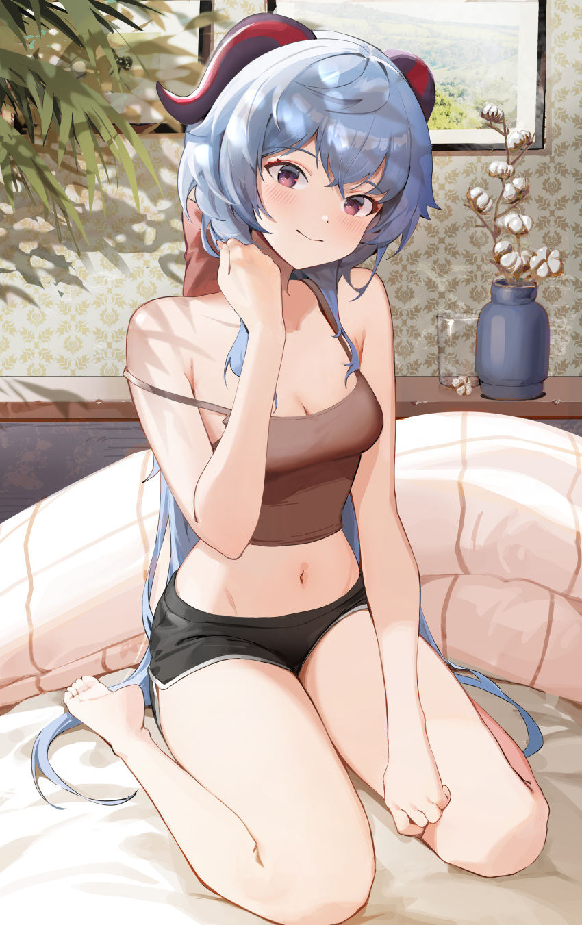 1girl absurdres bangs bare_legs barefoot blue_hair blush breasts cleavage crop_top crossed_bangs dolphin_shorts eyebrows_visible_through_hair full_body ganyu_(genshin_impact) genshin_impact glass goat_horns hand_on_own_neck head_tilt highres horns indoors kawa683 leaf long_hair looking_at_viewer low_ponytail midriff navel on_bed painting_(object) purple_eyes revision scenery shirt shorts sidelocks sitting sleeveless sleeveless_shirt small_breasts smile solo spaghetti_strap strap_slip tank_top thighs wariza