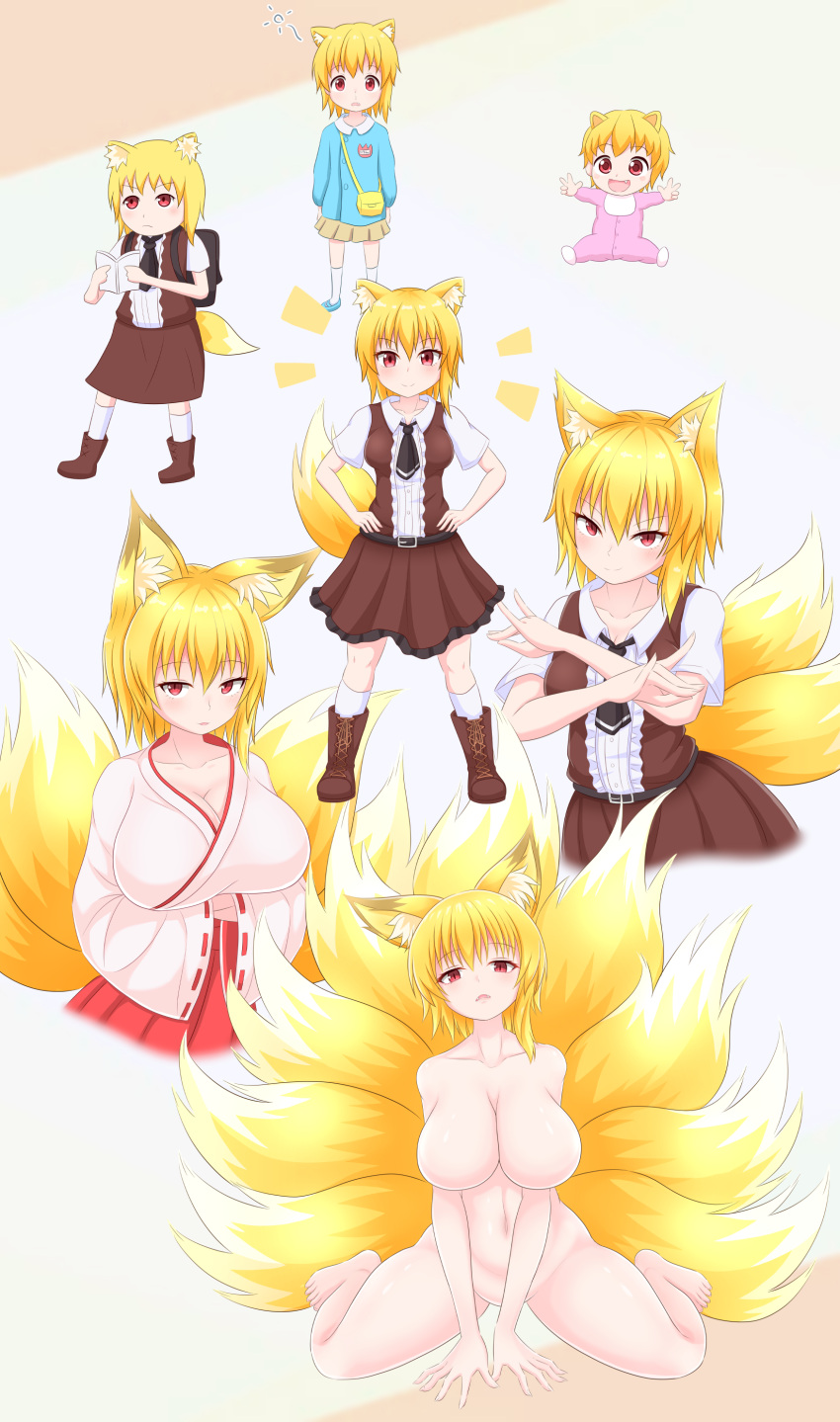 1girl absurdres age_progression animal_ear_fluff animal_ears asymmetrical_hair baby bangs black_necktie blonde_hair blush book breasts brown_skirt brown_vest chicken_tatsumaki_curry cleavage collared_shirt commentary_request cookie_(touhou) eyebrows_visible_through_hair flat_chest fox_ears fox_girl fox_shadow_puppet fox_tail full_body highres holding holding_book japanese_clothes kimono kindergarten_uniform kyuubi large_breasts looking_at_viewer medium_breasts medium_hair miko miramikaru_riran multiple_tails necktie no_nipples open_mouth red_eyes red_skirt ribbon-trimmed_sleeves ribbon_trim shirt short_sleeves sidelocks skirt tail two_tails vest white_kimono white_shirt